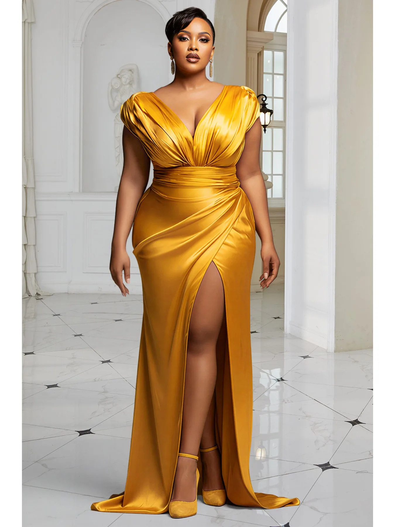 Vestido Maxi de Satén Tallas Grandes Estilo Sirena con Cuello en V Profundo, Manga Casquillo, Cintura Fruncida y Abertura, para Mujer Curvy, Invitada de Boda, Vestido Formal