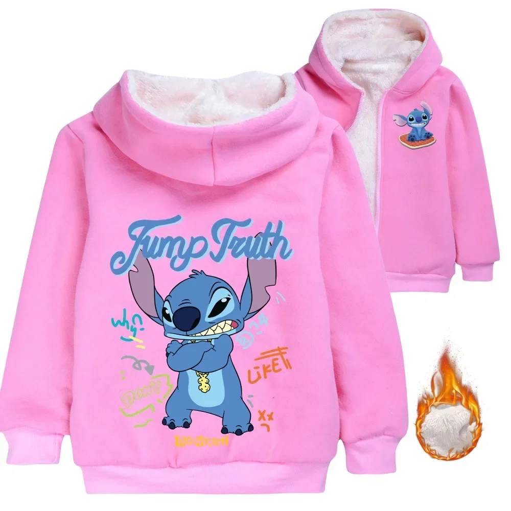 Lilo und Stitch Winter-Fleecejacken für Jungen und Mädchen, Cartoon-Langarmmantel, warme Kinderjacke mit Kapuze, Reißverschluss, Windjacke