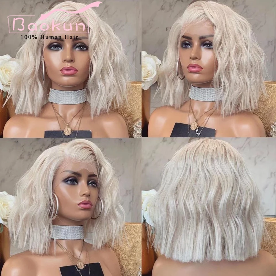 

13x4 Platinum Blonde Short Wavy Bob Wig Lace Front Human Hair Wigs For Women HD Lace Wig 13x6 Human Hair 360 Lace Frontal Wig