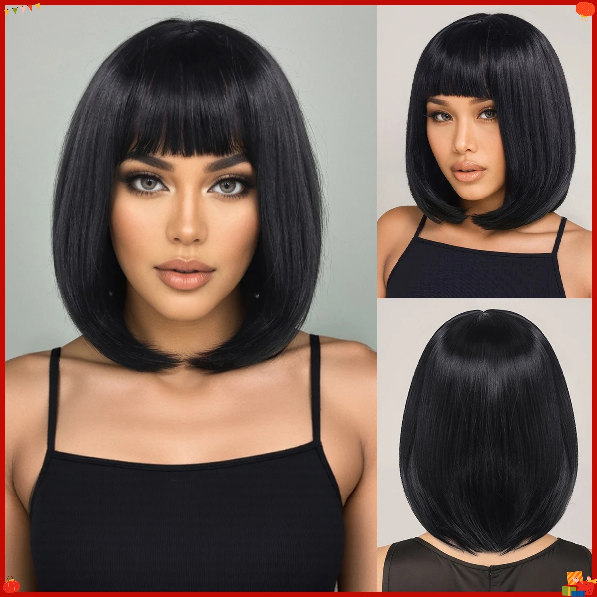 Synthetic Ombre Short Wig for Women, Black Brown Ash Blonde Gradient Bob, Air Bangs, Cosplay Party Daily Wear, Natural Looking