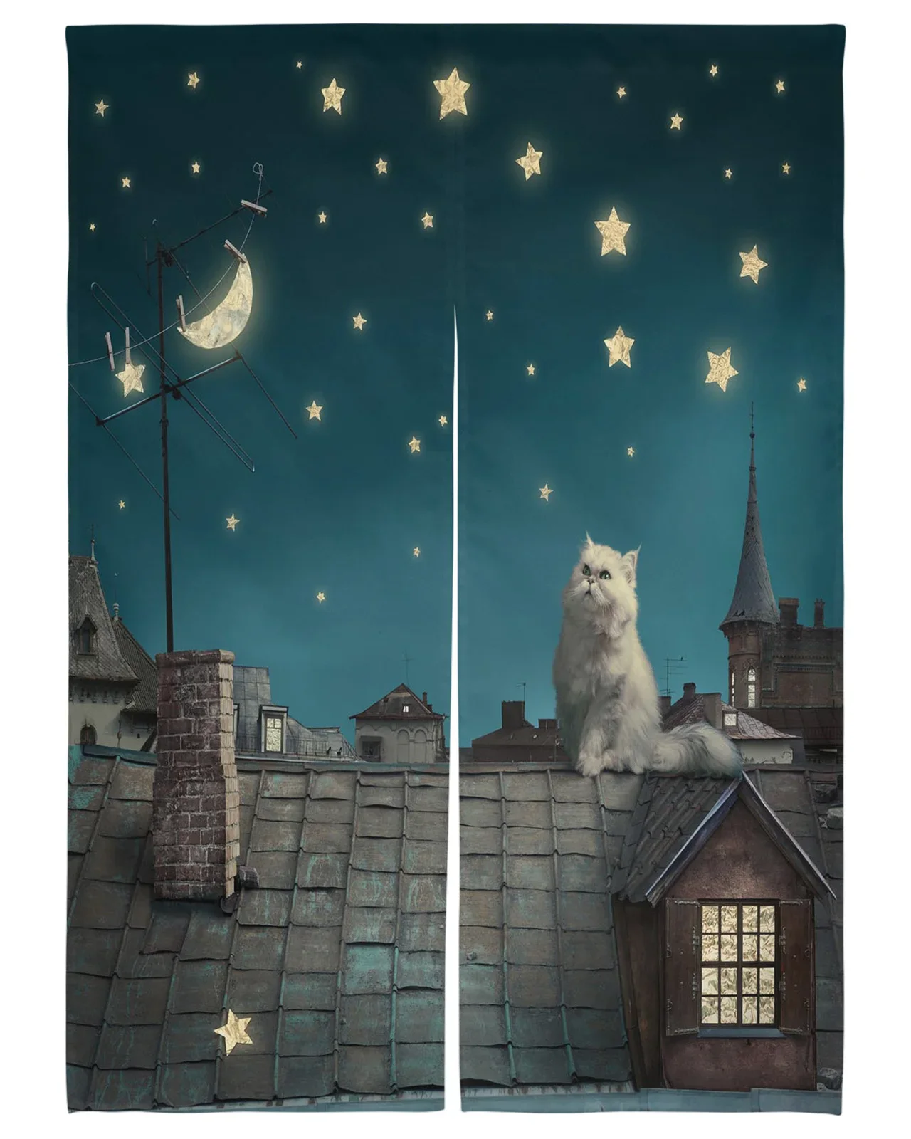 Kitten on Roof Night Stars Japanese Door Curtain Kitchen Doorway Cute Animal Drapes Cafe Restaurant Noren Hanging Half-Curtains