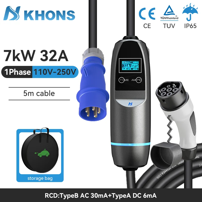 Khons-cargador portátil para vehículo eléctrico, 7KW, tipo 2, Wallbox de carga, 32A, monofásico, enchufe CEE, EVSE, IP65, con Cable de 5m