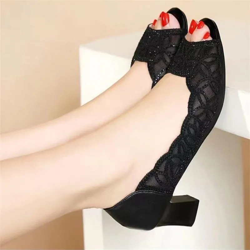 Open Toe Pumps Black High Heels Dress Shoes Summer Sandals Square heel White Wedding Shoes Hollow Out Pumps Peep toe Boat Shoes