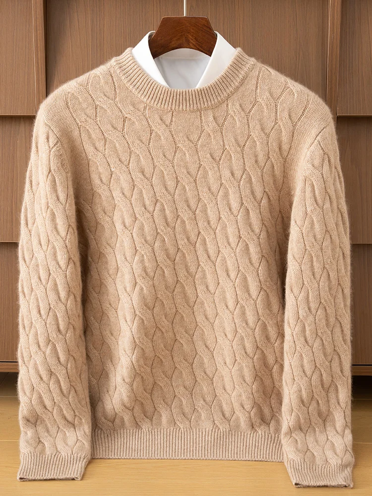 

O-neck 100% Cashmere Pullover Sweater New Autumn Winter Men's Soild High-end Twist Flower Warm Basic Knitted Long Sleeve Tops