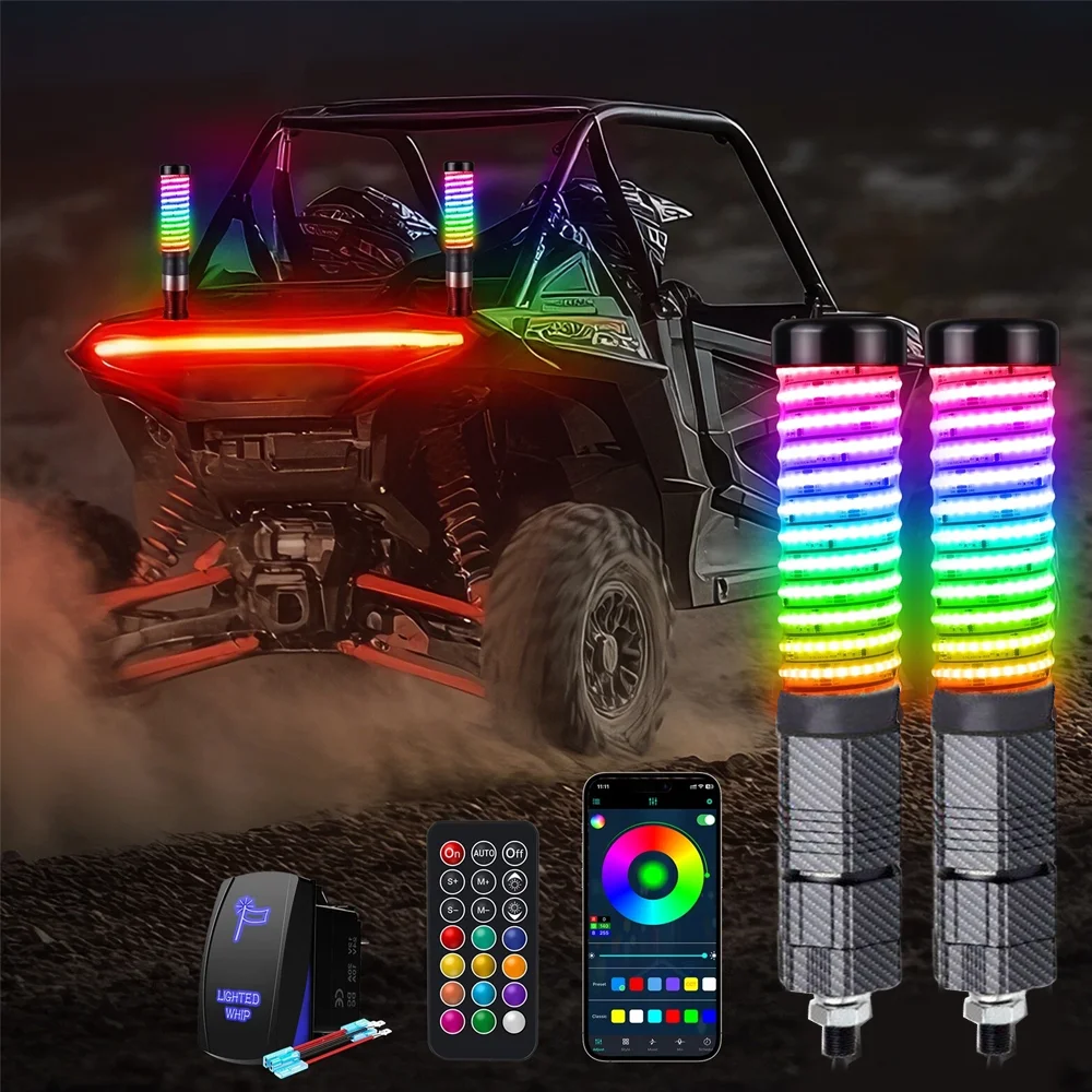 New2pcs 1FT LED Spiral Fat Whip Light COB RGB+IC Chasing Color,App & Remote Control LED Fat Whip Light for ATV UTV Truck