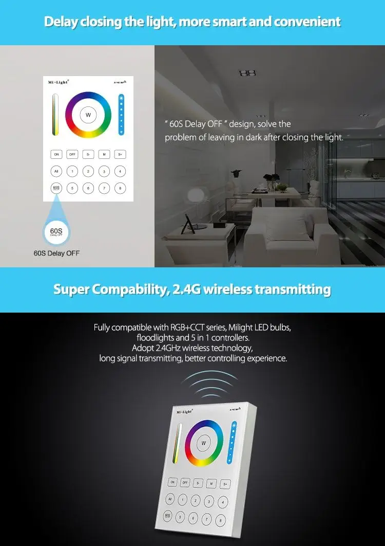 Miboxer WiFi 5 in 1 LED Strip Controller WL5/2.4G 8 Zone RGBCCT Wall-mounted Touch Panel B8