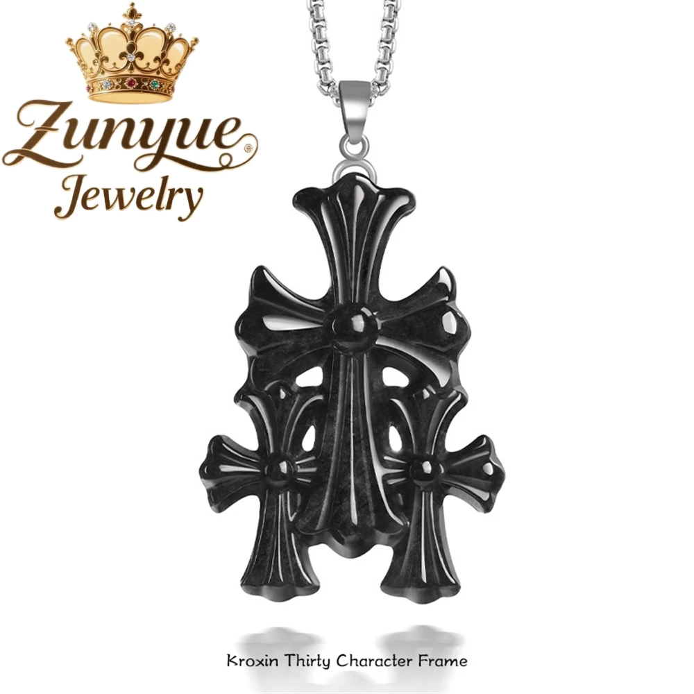 

Natural Burmese A-Grade Jadeite Black Jade S925 Cross Jade Fashionable Pendant Amulets For Good Luck And Protection Fine Jewelry