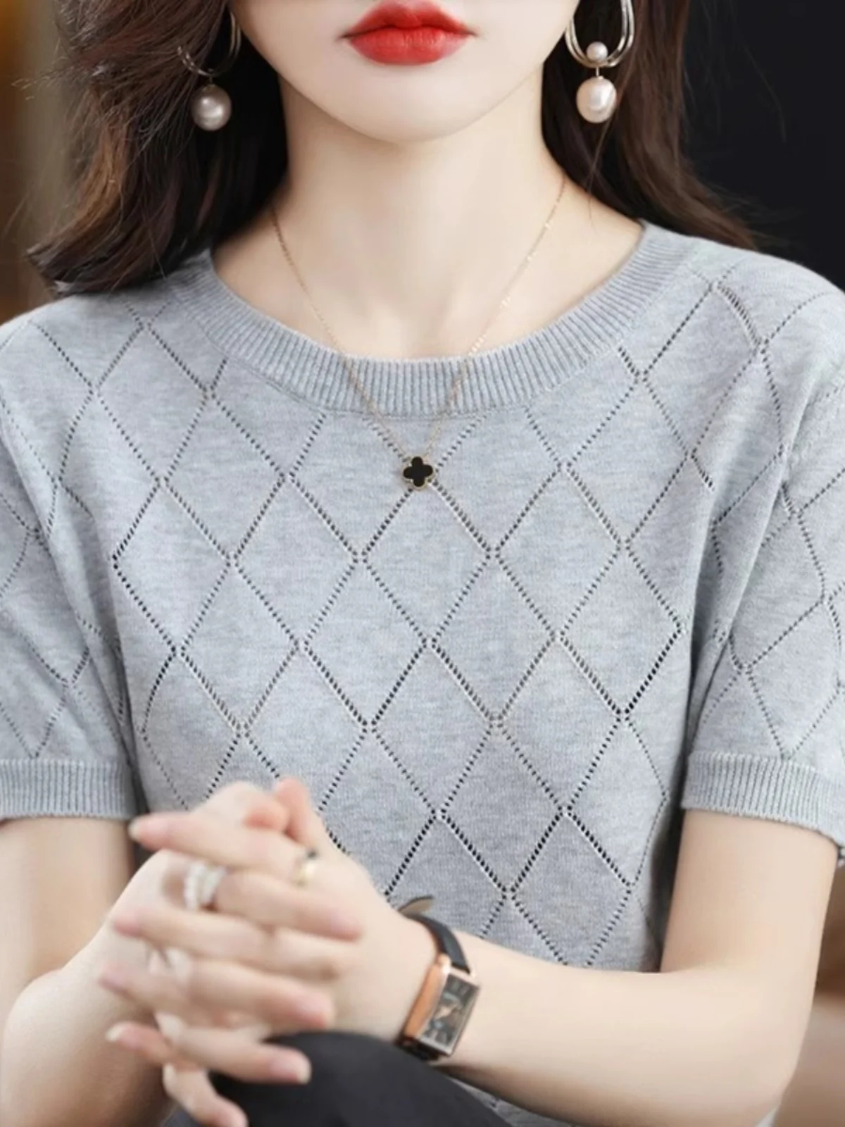 

Spring round Ne Hollow out Pure Cotton ort Sve Knitted Top Women's Faionable Cotton Linen Thin Sle f Sve Bas...