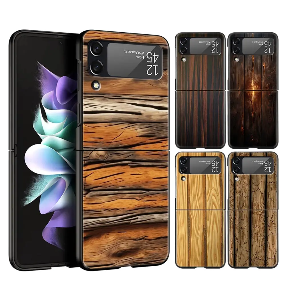 Luxury Vintage Wood Grain Pattern Hard PC Phone Case For Samsung Galaxy Z Flip 7 6 5 4 Black Cover For Galaxy Z Flip 3 Foldable