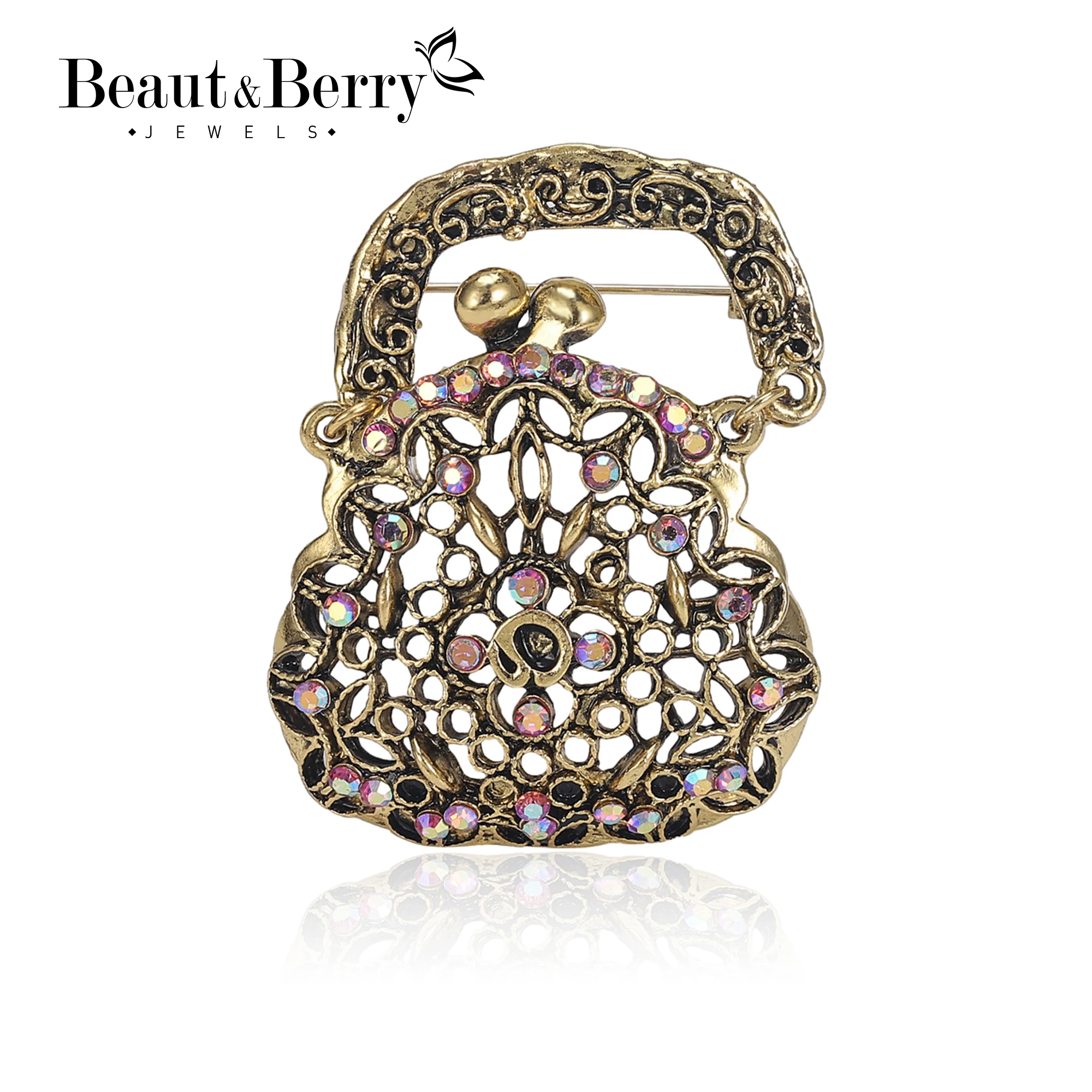 Beaut&Berry Classical Hollow Out Rhinestone Bag Brooches for Women Handbag Pins Office Party Casual Jewelry Gifts