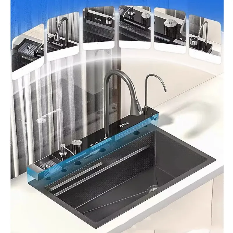 

304 Stainless Steel Sink Single Bowl Workstation Digital Display Waterfall Kitchen Sink