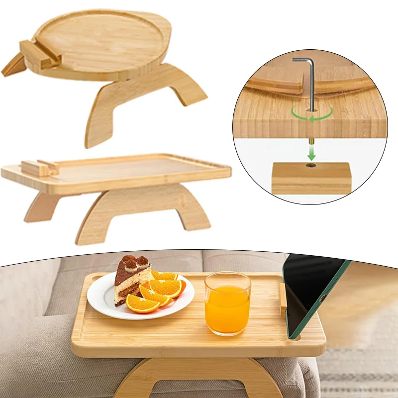 Sofa Tray Table Couch Armrest Trays Wood Phone Holder 360° Rotating Clip-On  Practical TV For Remote Control Drink Snacks