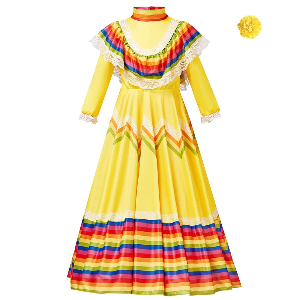 Girls Mexican Traditional Folk Dancer Dress Colorful Stripe Dress with Flower Hair Clip Festival Dance Stage Performance Costume