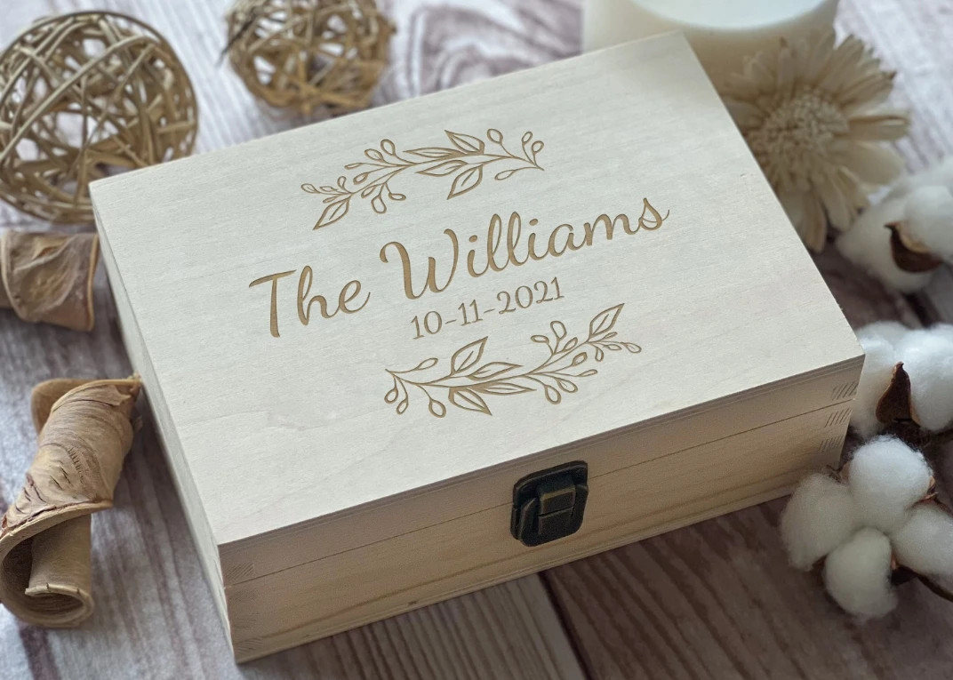 Personalized Wooden Box Anniversary Gift Couple Gift Wedding Keepsake Box, Custom Engraved Memory Box Natural Wood