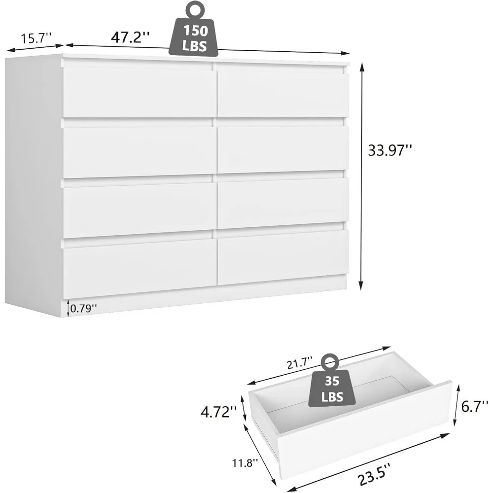 Contemporary Large 8-Drawer Bedroom Dresser with Ample Deep Storage for Wood Furniture