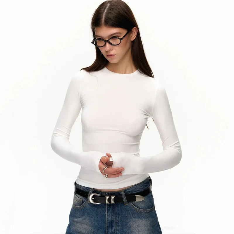 

Мягкая эластичная белая женская футболка Lacele с длинным рукавом, облегающая, приятная к телу, базовый слой, нижнее белье, базовый топ