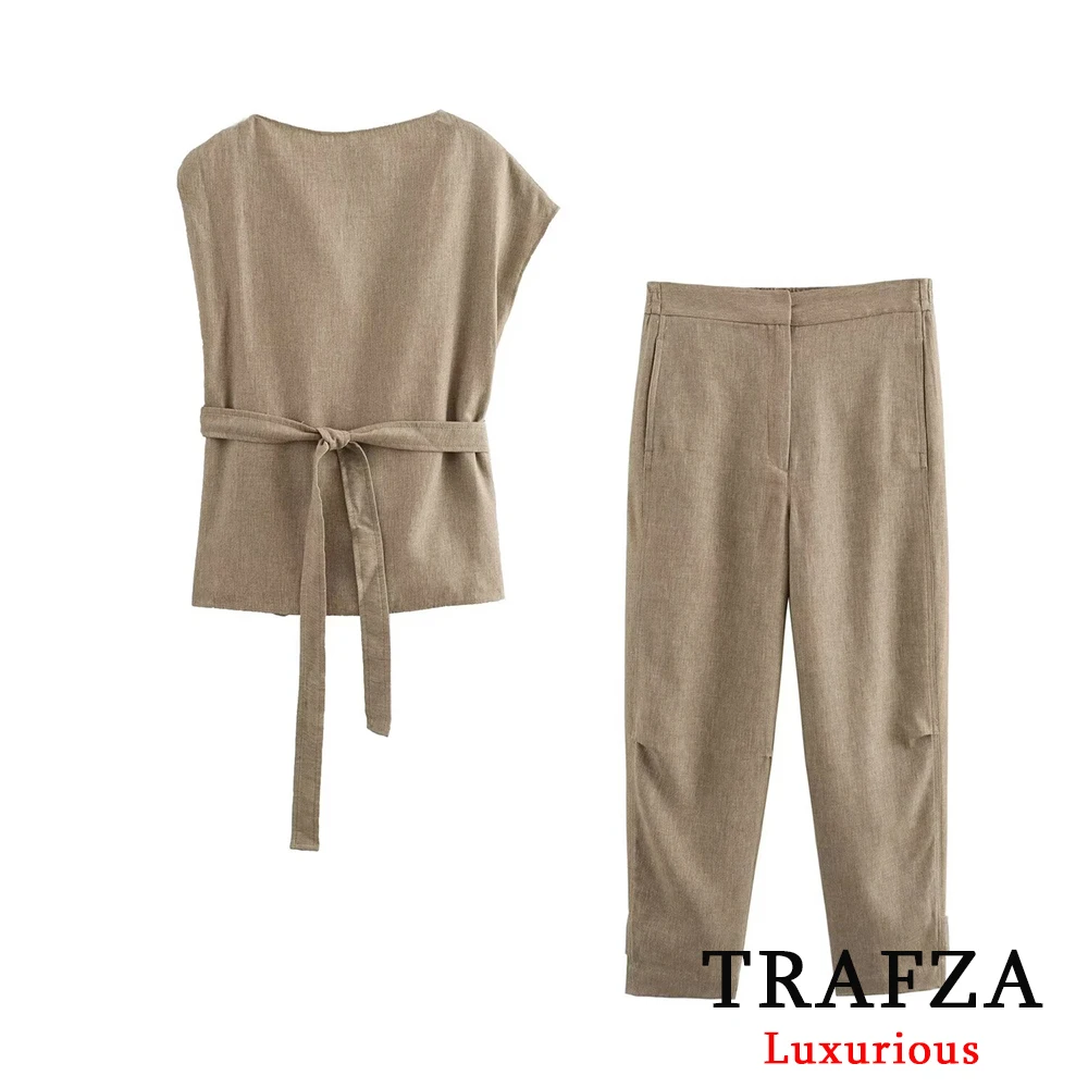 TRAFZA Casual Khaki Denim Women Suits Sleeveless Sashes Loose Tops+High Waist Wide Leg Pants Fashion 2024 Summer Female Sets