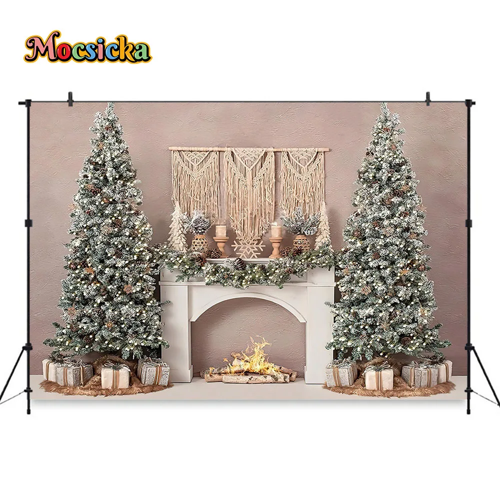 Beige Christmas Fireplace Photography Background Xmas Tree Candle Gift Backdrop Kids Family Boho Winter Room Photographic Studio