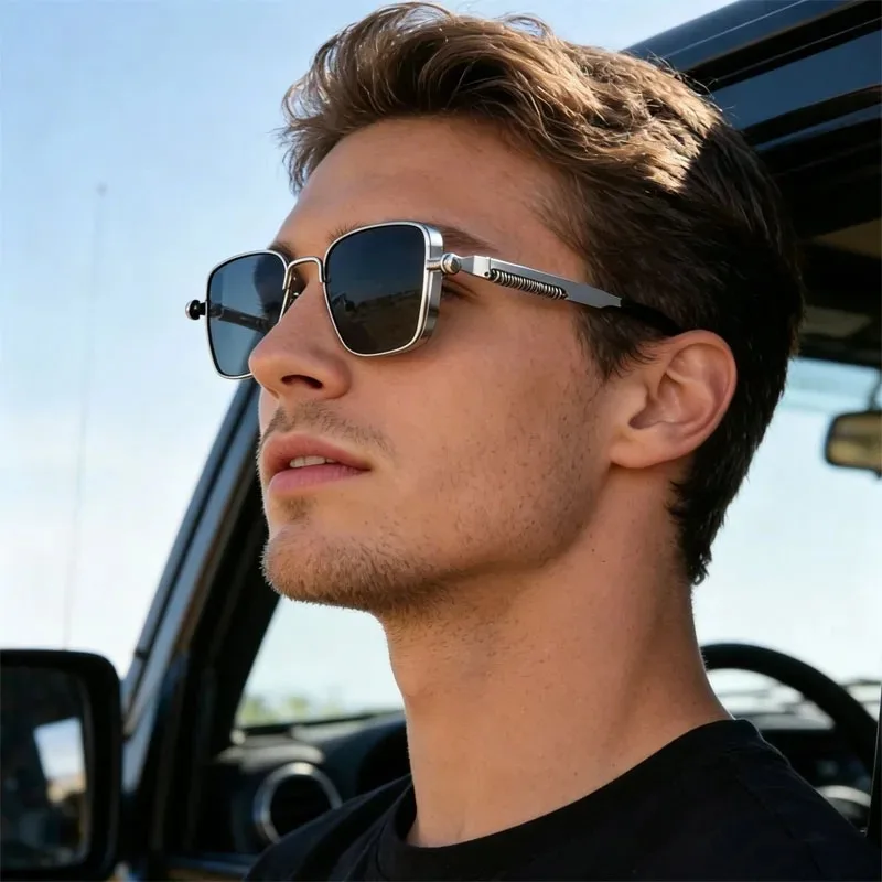 Polarized Sunglasses for Men Anti-UV Driving Glasses Fashion Metal Punk Style Sunglasses with Spring Hinges Women Eyepiece