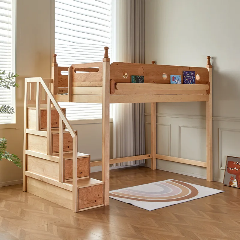 Children's bed storage wardrobe combination bed elevated  empty under the staggered all solid wood wardrobe integrated