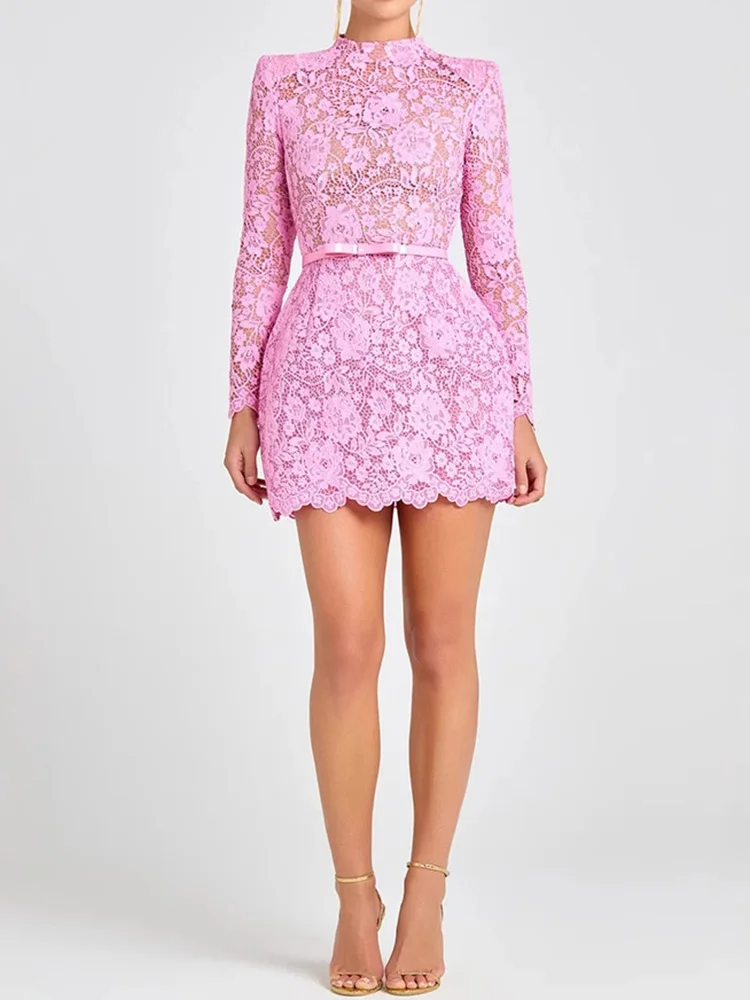 2024 Solid Patchwork Slim Holiday Dress, Spring Autumn Women Hollow Out Mini Dress, Long Sleeve O Neck Ladies Dress Streetwear