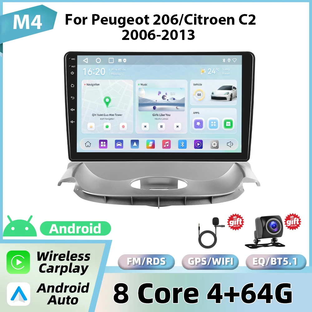 Podofo autoradio voor Peugeot 206 2004-2008/Citroen C2 2006-2013 met draadloze CarPlay, Android Auto, GPS, FM, WiFi, BT en multimedia stereo.
