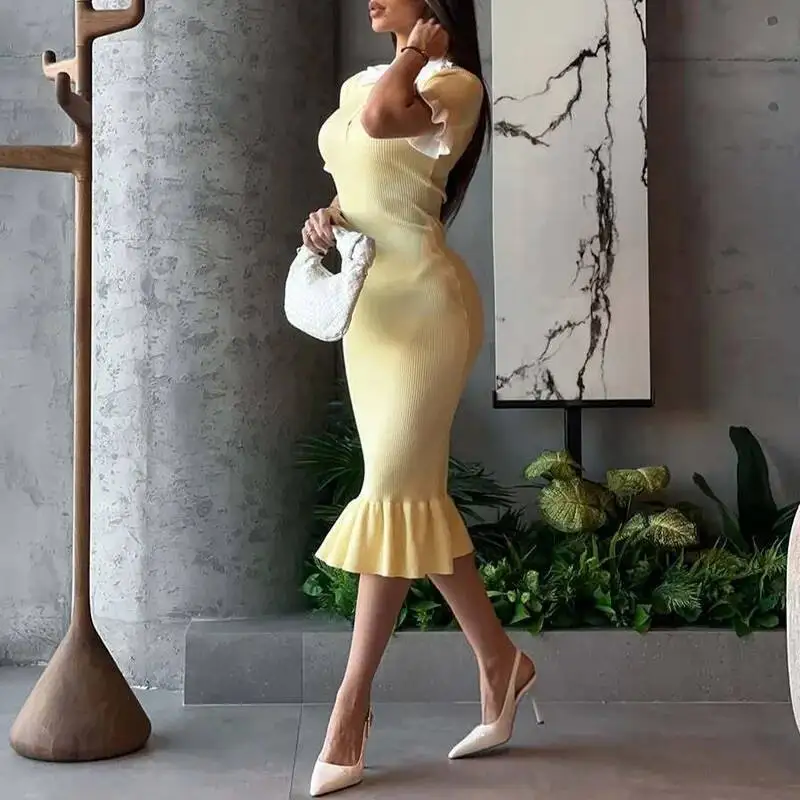 Office Ladies Elegant Button Lapel Shirt Women Spring Solid Rib Knitted Long Dress Summer Short Sleeve Ruffle Slim Dresses