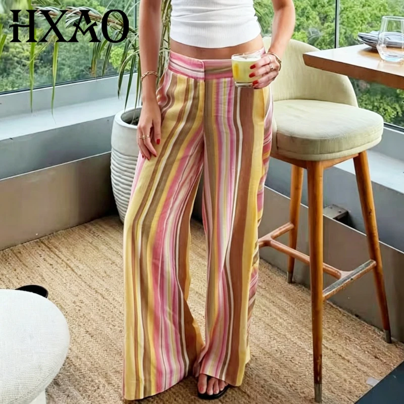 HXAO Striped Baggy Pants Women's Pants Summer 2026 Boho Wide Leg Mid Waist Linen Blended Trousers Lady Chic Beach Vacation Pants