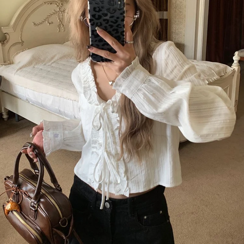 

Deeptown Sweet White Lace Up Cropped Women's Blouses V Neck Long Sleeve Korean Fashion Ruffles Shirts Lolita Aesthetic Spring