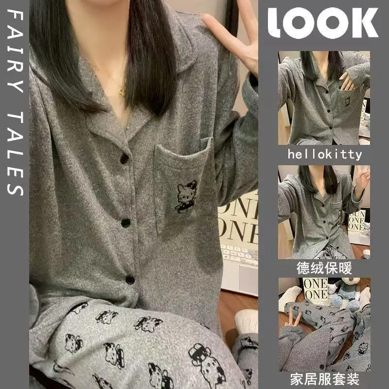 

Женский велюровый пижамный комплект серого цвета Sanrio Hello Kitty, теплый, для зимы, домашняя одежда, новая коллекция осень-зима, милый, для девочек, для отдыха и сна