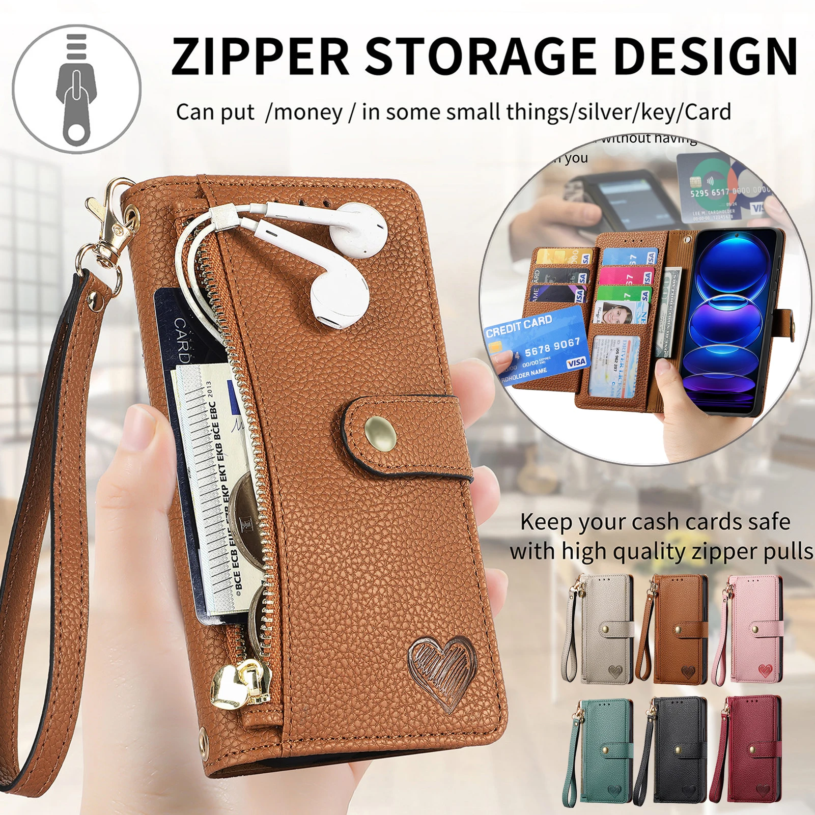 

Zipper Wallet CardS Phone Case For Samsung Galaxy A54 A34 A24 A14 A53 A73 A33 A23 A13 A52S A72 A51 A71 A50 Lanyard Leather Cover