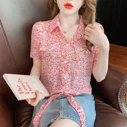 Minimalist Commuter 2024 Summer New Women's Polo-Neck Button Printed Lacing Fashion Loose All-match Short Sleeve Blouse Shirt