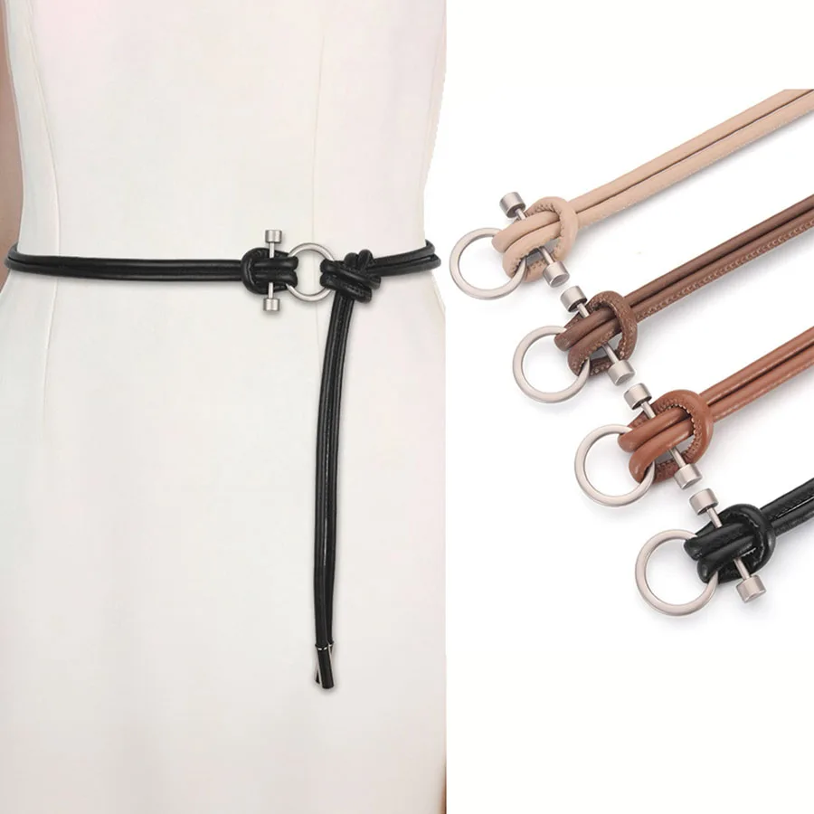 Retro PU Leather Thin Belt for Women Lightweight Under 2cm Wide Adjustable Knot Closure Black Brown Coffee