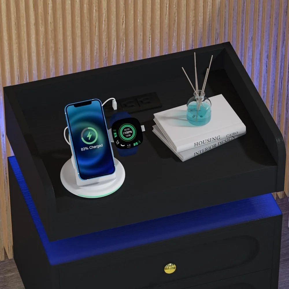 Estación de carga Juego de 2 mesitas de noche con luces LED, mesitas de noche con doble cajón, mesa auxiliar moderna para dormitorio