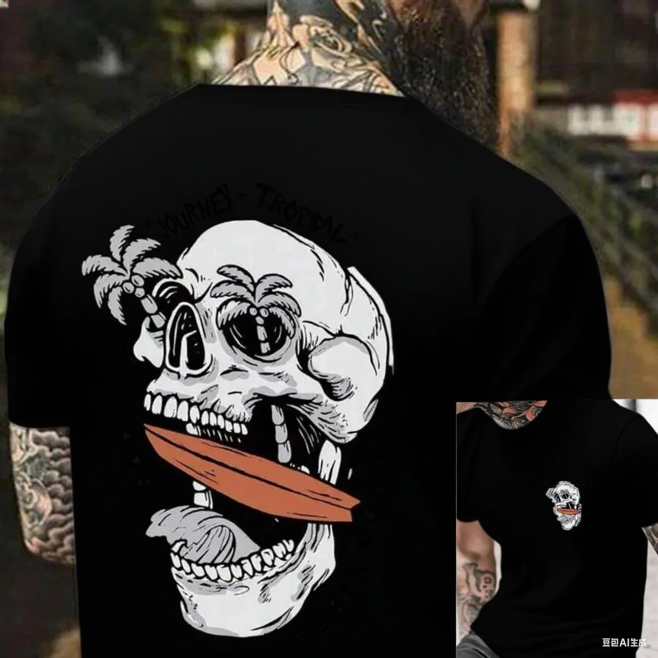 

Mens Cotton Tee with Skull Graphic Palm Trees and Surfboard Motif Trendy Printed Brand Pure Cotton T-shirt Short Sleeve S-4XL