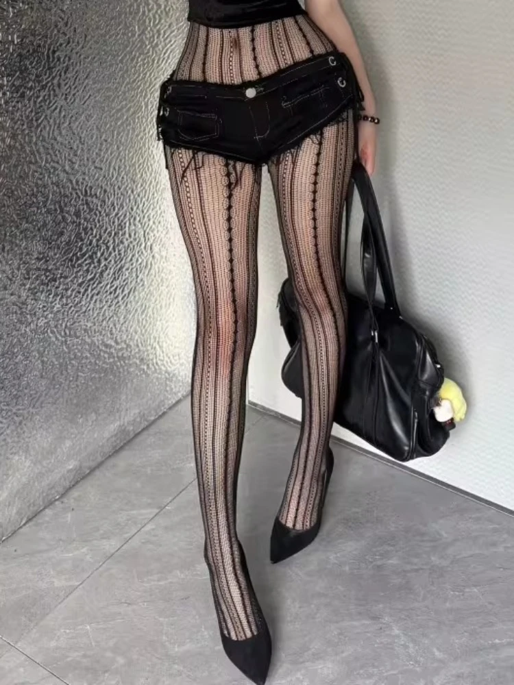 Punk Gothic Black Fishnets Tights Women Sexy Striped See Through Fishnet Stockings Spicy Girls Uniform Hollow-out Mesh Pantyhose image 4
