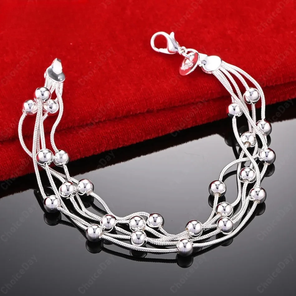 

925 Sterling Silver 8 Inch 20cm Beaded Pendant Fashion Versatile Bracelet, Unisex Accessory, Party and Wedding Gift