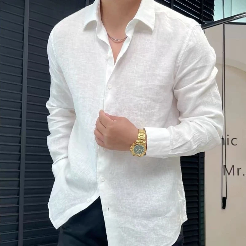 Men's Premium Linen Feel Sun Safe Long Sleeve Shirt Summer Casual Loose White Top