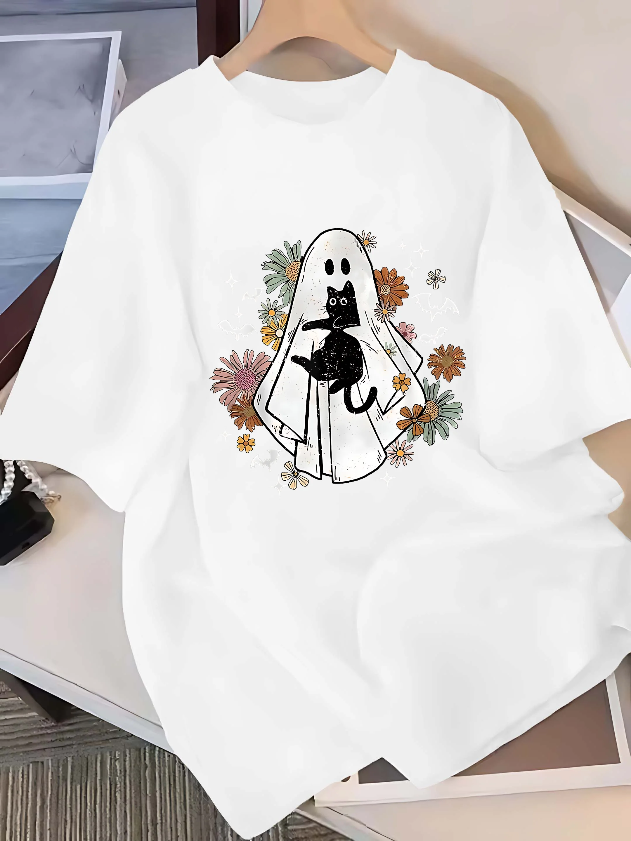 

Halloween Ghost Black Cat Graphic Tee Six Colour Short Sleeve
