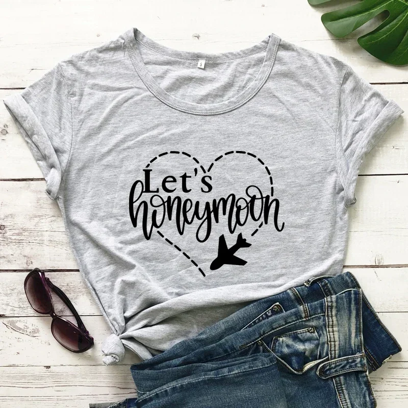 2024 Summer Let's Honeymoon 100% Cotton T-shirt Funny Just Married Bride Gift Tshirt Cute Women Graphic Airplane Travel Top Tee