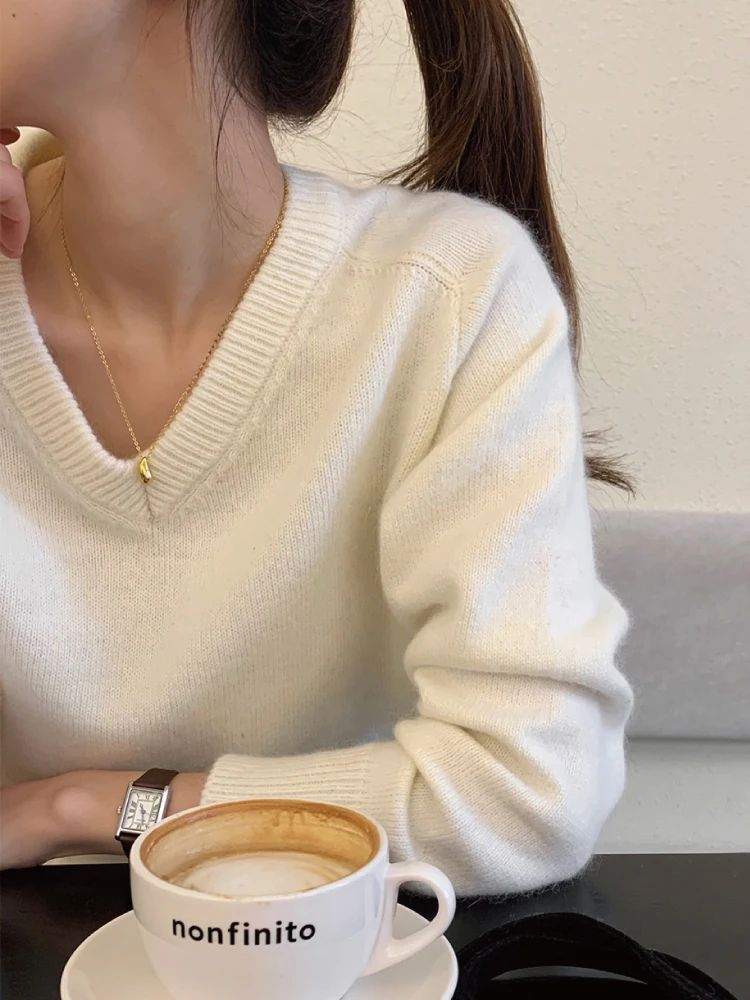 

Женский белый свитер Camere с v-образным вырезом, свободный удобный простой высококачественный мягкий шерстяной вязаный топ на осень-зиму