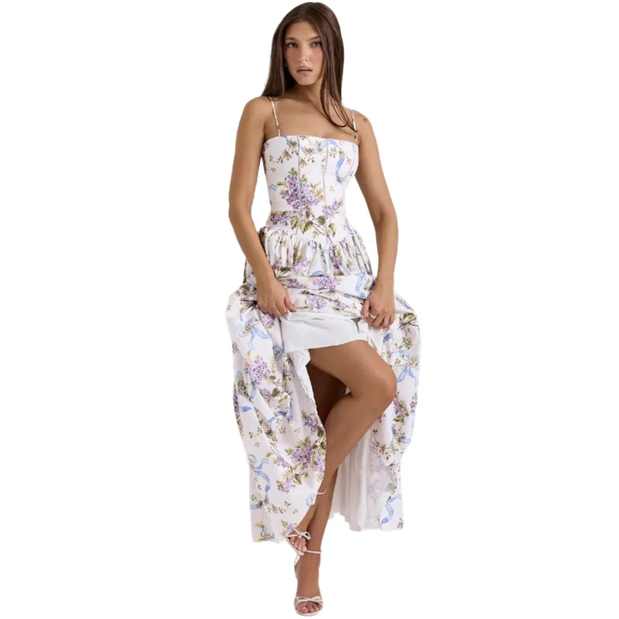 Women's White Floral Print Corset Maxi Dress Spaghetti Strap Pleated A-Line Summer Elegant Long Vacation Gown view 5