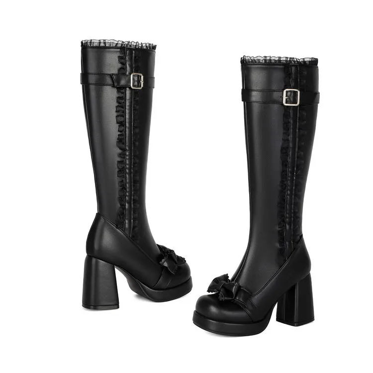 Women Lolita Square Heel Knee High Leather Boots Round Toe Platform High Heel Plus Size Princess Style Winter Footwear