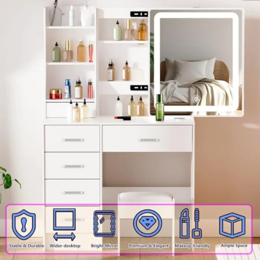 مكتب زينة ممتاز مع مرآة وأضواء LED، مكياج أبيض مع 6 أدراج، 6 أرفف، 1 كرسي LED، 3 أوضاع قابلة للتعديل