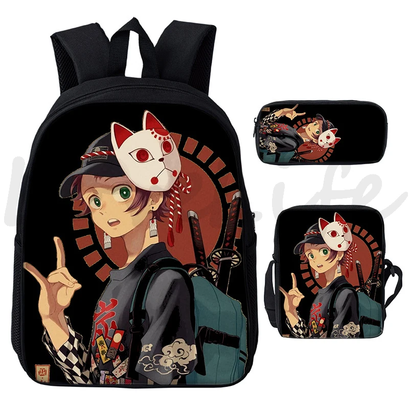 Anime Backpack 3Pcs/Set Demon Slayer Kochou Shinobu School Bags for Boys Girls Bookbag Children Cartoon Manga Backpacks Mochila