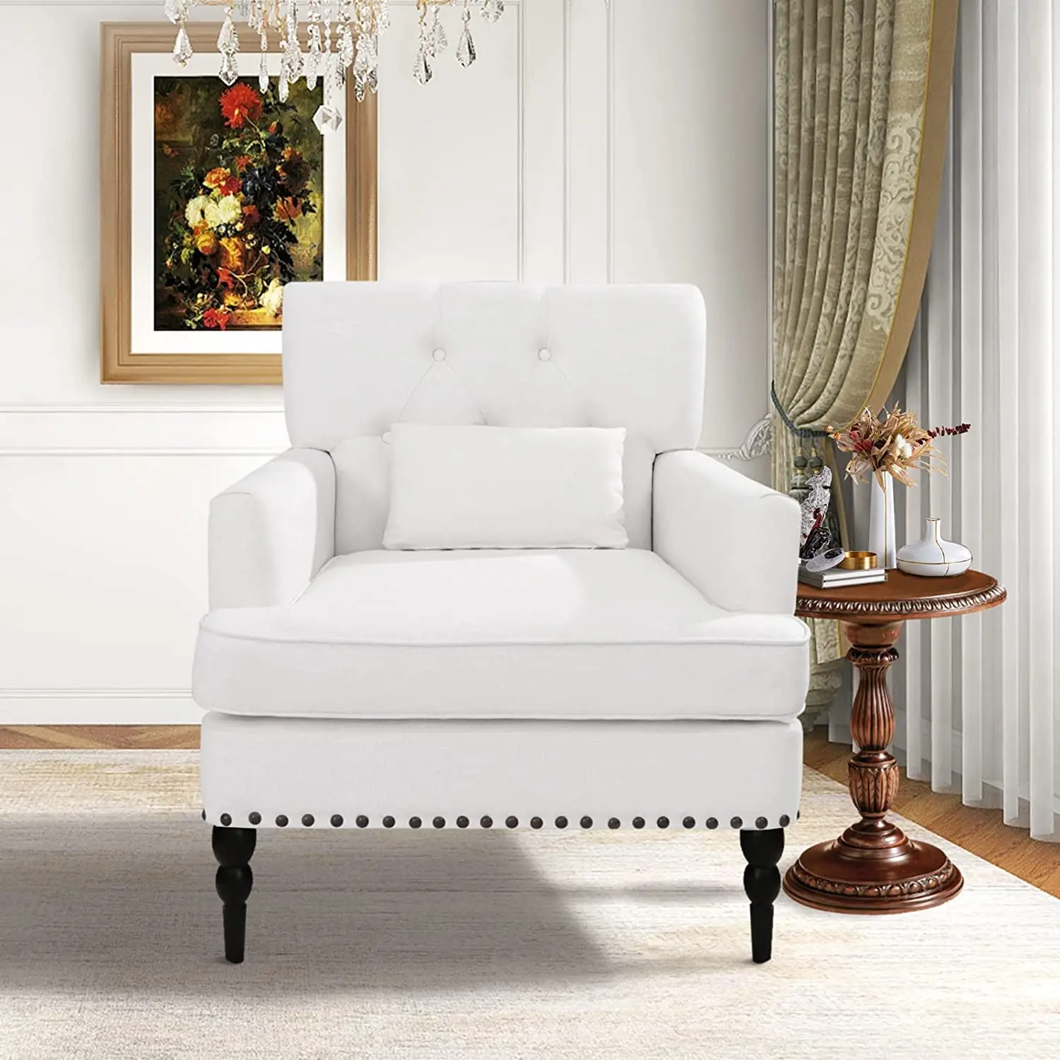 GERICCO Accent Chair Comfy Club Chair with Pillow Modern Button Tufted Rivet Armchair Nordic Chairs for Living Room Bedroom