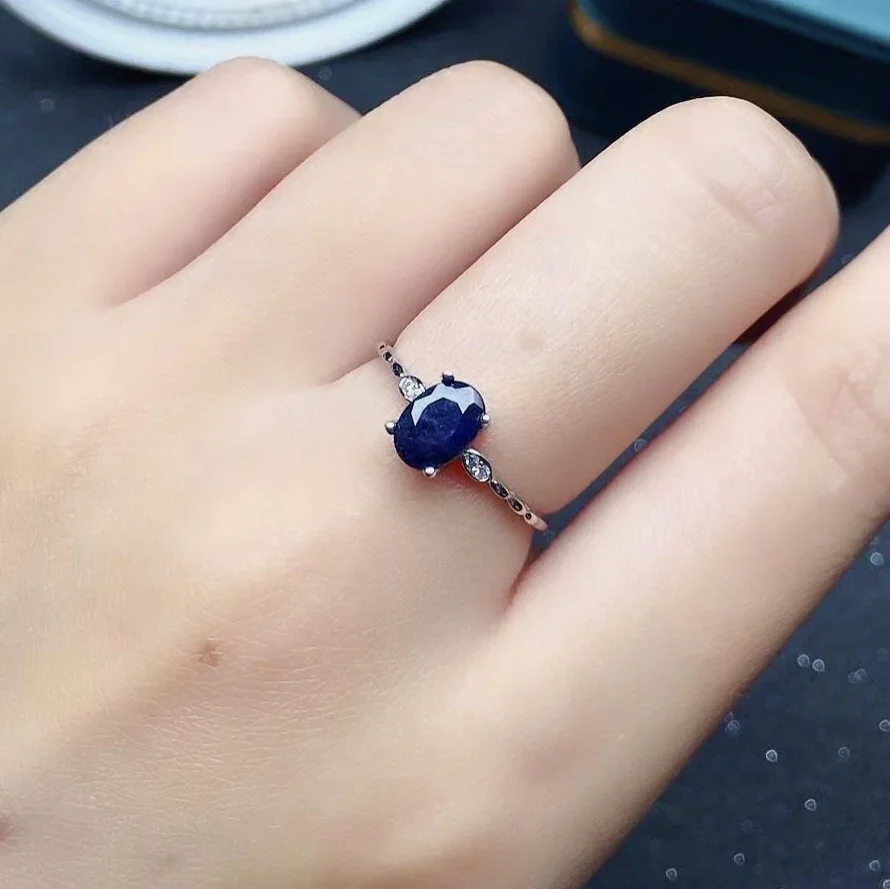 

100% Natural Balck Sapphire Silver Ring for Office Woman 5mm*7mm Black Sapphire Ring Solid 925 Silver Sapphire Jewelry
