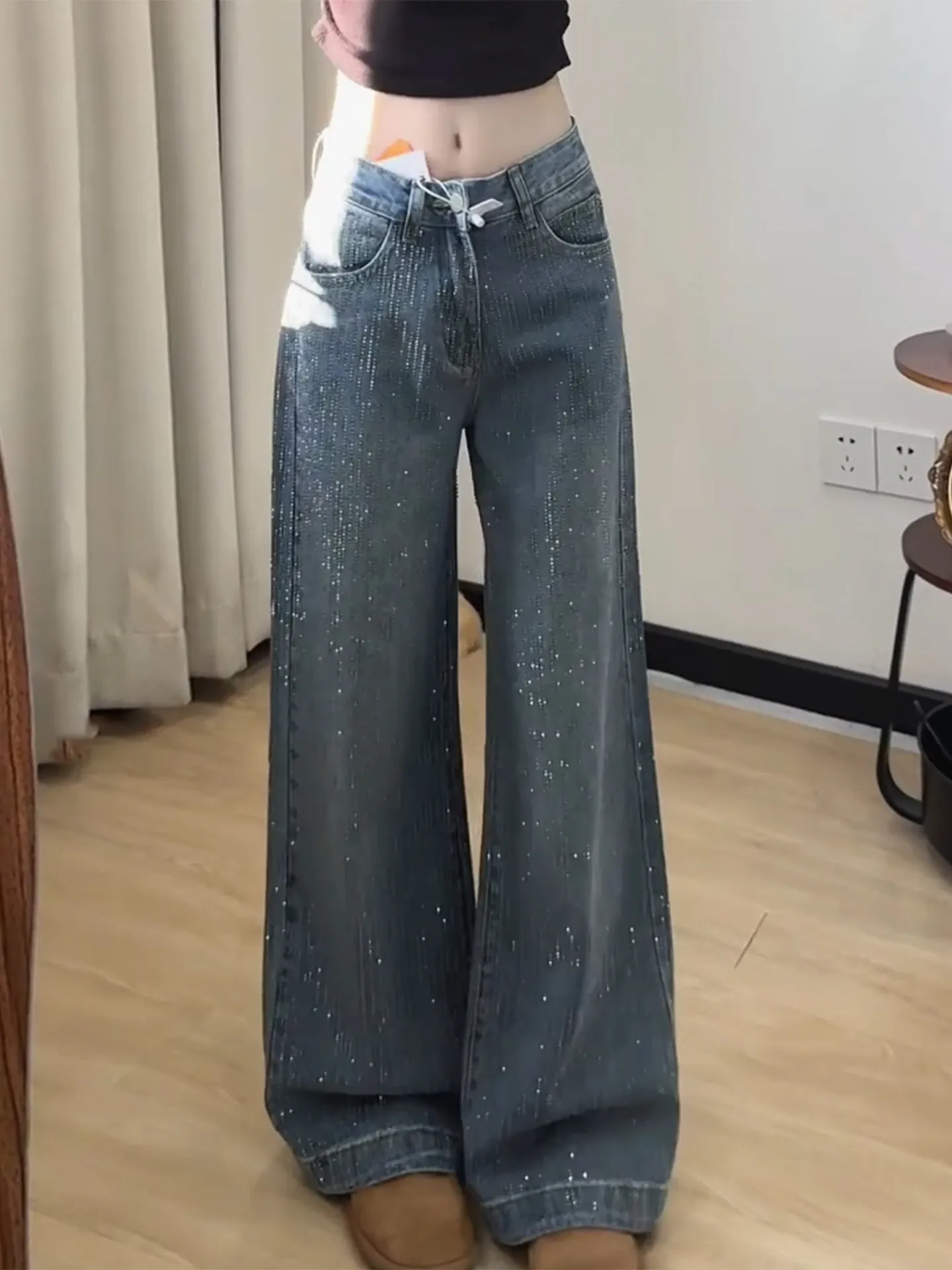 

Премиальные блестящие джинсы с широкими штанинами, женские свободные прямые брюки из флиса в пол, весна 2026, новинка