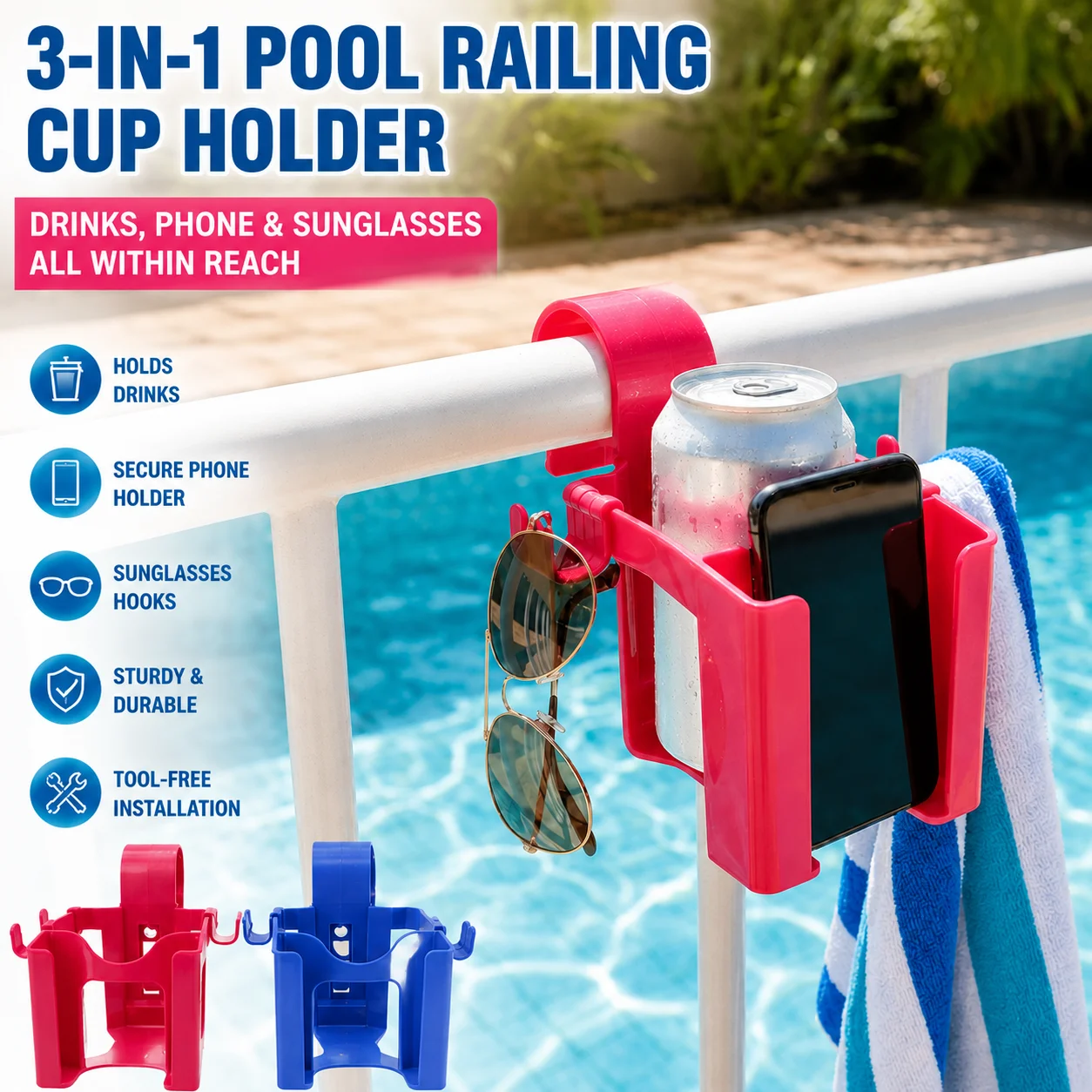 Support de boissons pour piscine avec crochets pour téléphone et lunettes de soleil, support de tasse 3-en-1 pour garde-corps de piscine hors sol