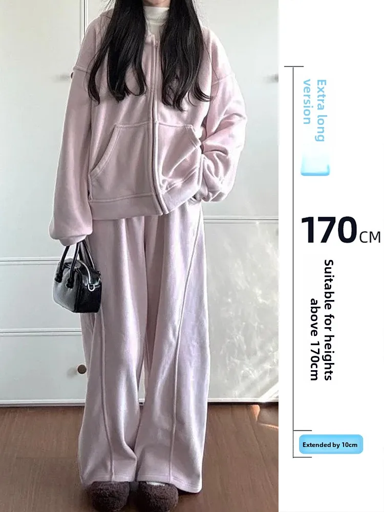 

Warmth Double-sided Fleece Loose Fit Extended Size Women's Autumn Winter 175cm Commuter Style Two-piece Set Hoodie Sweatshirt